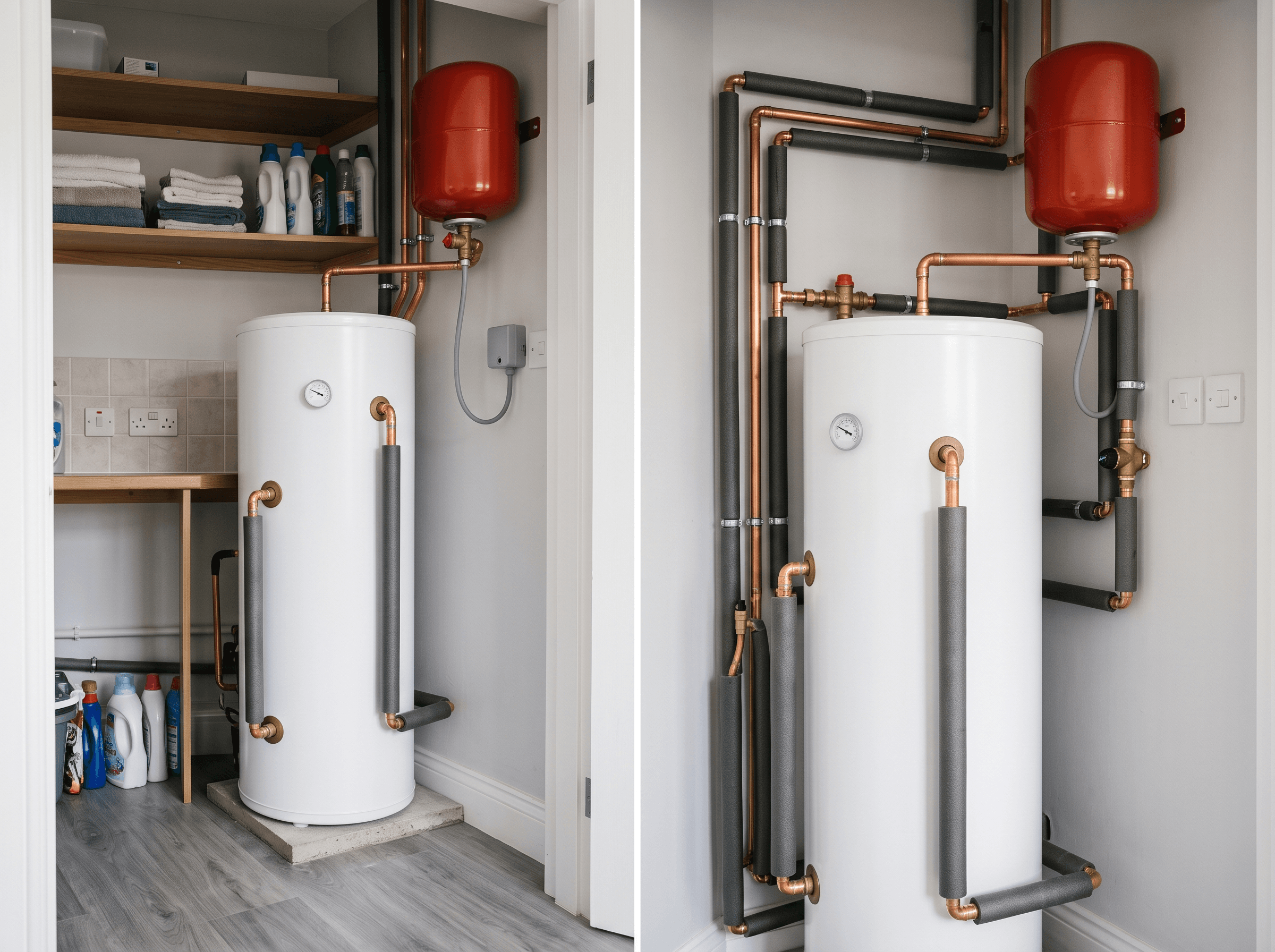 Hot water cylinder installation in a utility cupboard
