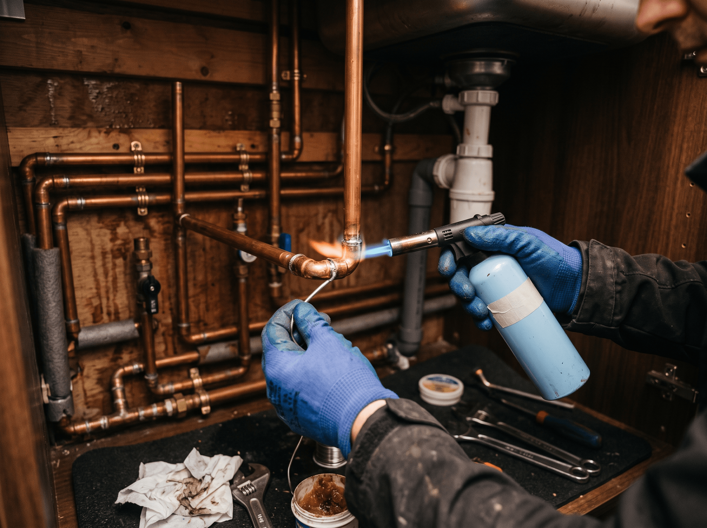 Plumber fitting and connecting copper pipework