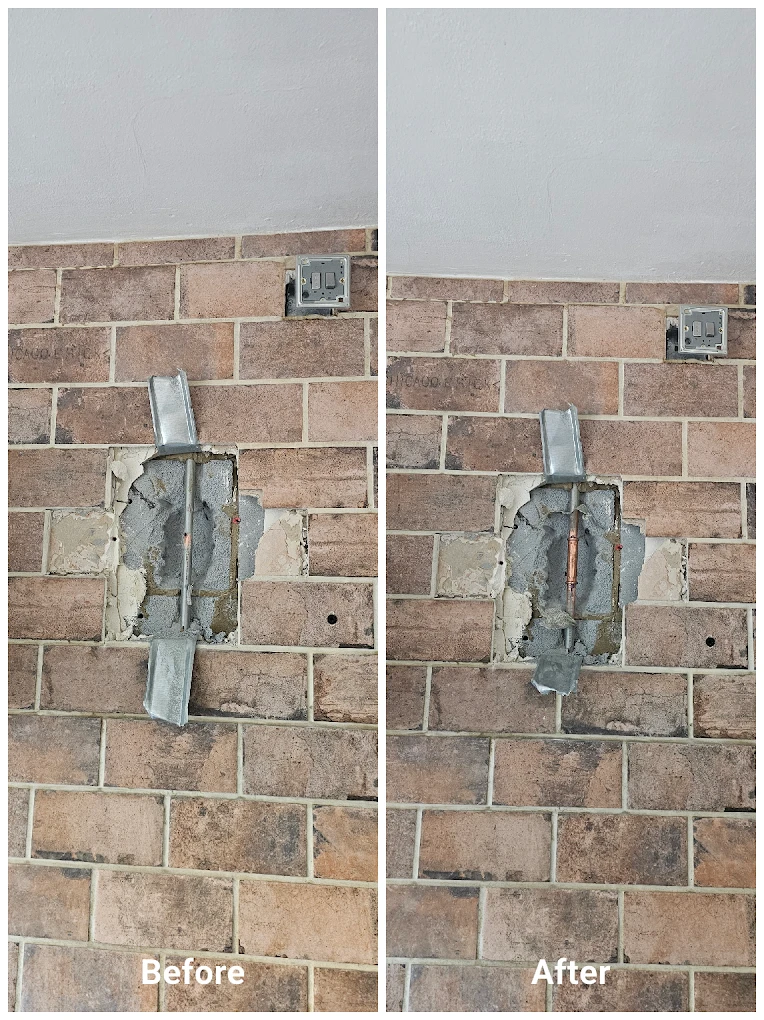 Leaking pipe in a wall cut out and repaired